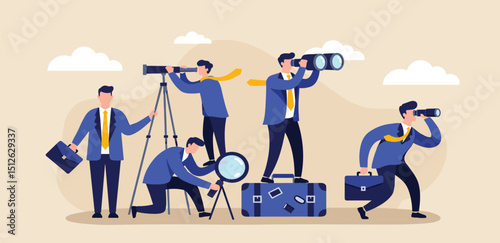 Observation, search for opportunity, curiosity or surveillance, inspect or discover new business, job search or hr finding candidate concept, curious businessman look through