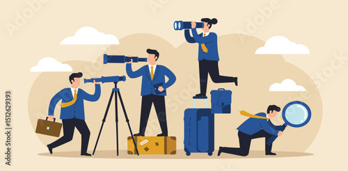 Observation, search for opportunity, curiosity or surveillance, inspect or discover new business, job search or hr finding candidate concept, curious businessman look through
