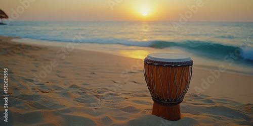 A djembe drum standing on sandy beach during sunset with ocean waves in the background