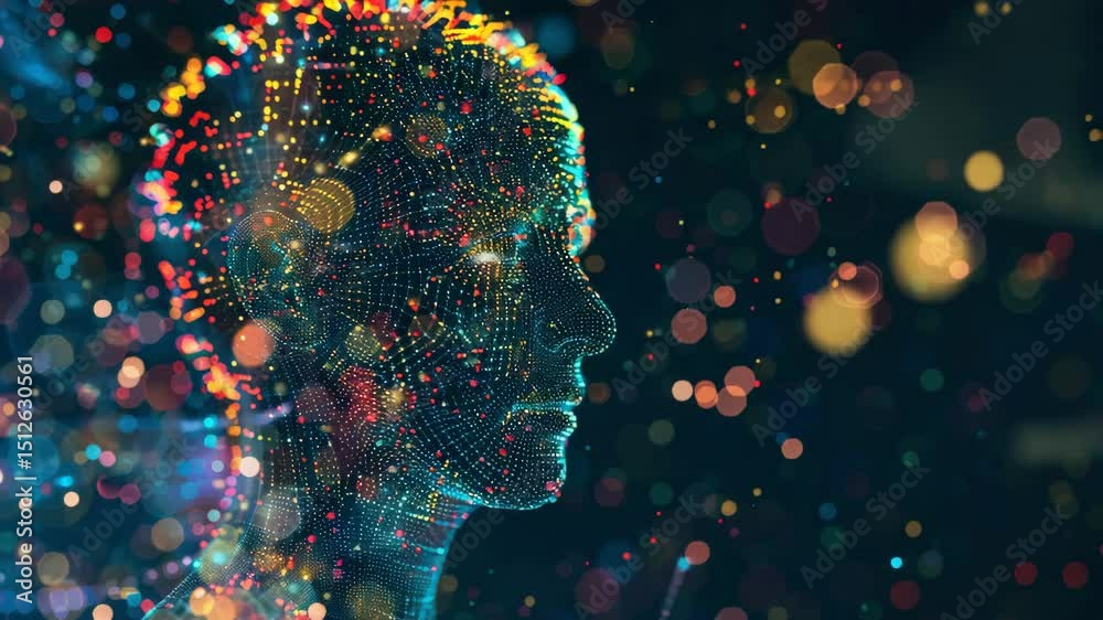 Exploring the intersection of technology and humanity in a vibrant 4k representation of a digital figure amidst colorful abstract lights