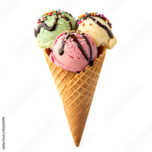 Delicious Ice Cream Cone with Three Colorful Scoops, isolated transparent background Png, AI Generative
