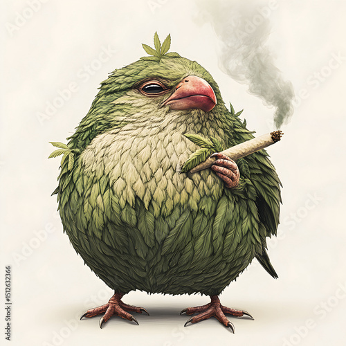 round grumpy bird smoking a marijuana weed spliff isolated on a white background 