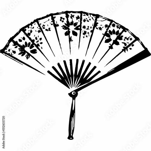 Decorative hand fan with floral design in black and white  