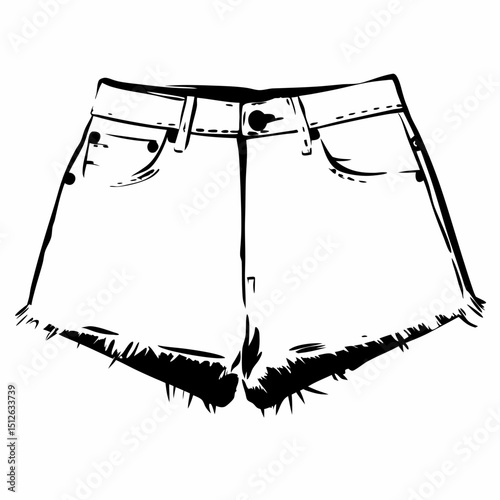 Denim shorts illustration with detailed stitching and frayed ends  