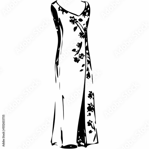 Elegant floral dress design in black and white illustration  