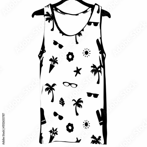 Tropical-themed tank top with black print on white background  