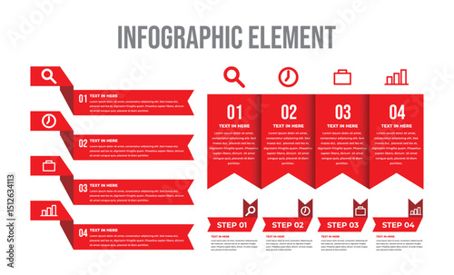  Red Infographic Set, Editable red infographic steps with icons and text.
