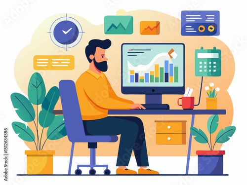 Bearded man focused on computer screen with data charts in minimalist office setting