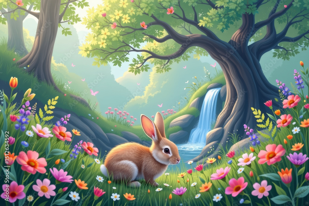 Obraz premium Serene rabbit in vibrant forest scene