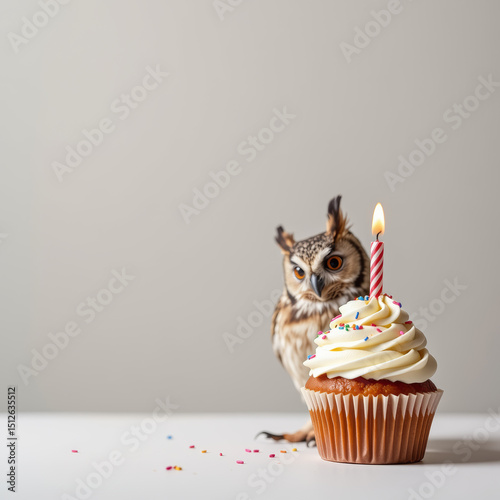 Cute owl beside birthday cupcake with candle