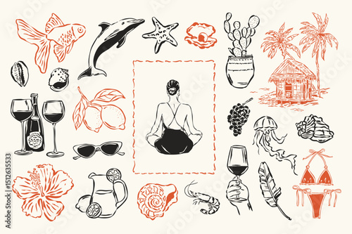La Dolce Vita vector doodle collection. Coastal lifestyle. Mediterranean life. Italian summer doodles.