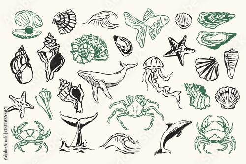 Ocean vector doodle collection. Coastal lifestyle. Italian summer doodles.