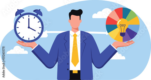 Time management, efficiency, productivity to finish work, delegation, finish tasks, prioritize responsibility, manage schedule, planning concept, businessman holding time clock with pie chart
