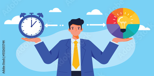 Time management, efficiency, productivity to finish work, delegation, finish tasks, prioritize responsibility, manage schedule, planning concept, businessman holding time clock with pie chart