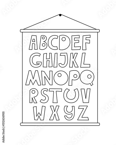 Abc wall poster simple outline hand drawn vector illustration, doodle English alphabet image of classroom accessory for lessons, educational resources design