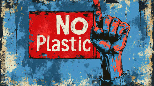 Artistic illustration depicts a hand pointing towards a vibrant red sign with the words no plastic on a grunge background, conveying a powerful message against plastic pollution
