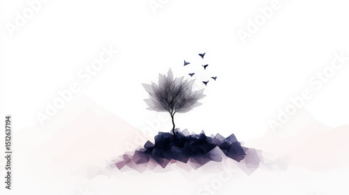 Watercolor painting of a stylized tree growing from a pile of rocks with small birds flying in the distance, representing concepts of resilience, growth, and freedom