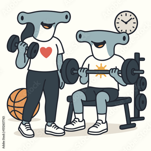 A couple of hammerhead fish are training in the gym 02