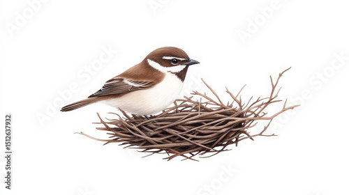 Watercolor painting of a small brown bird perched on its intricately built nest made of twigs, showcasing the beauty and fragility of nature
