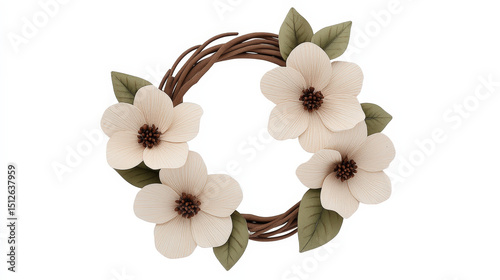 Handcrafted watercolor wreath showcasing delicate white flowers and lush green leaves, offering an elegant and charming decoration perfect for celebrating the beauty of spring