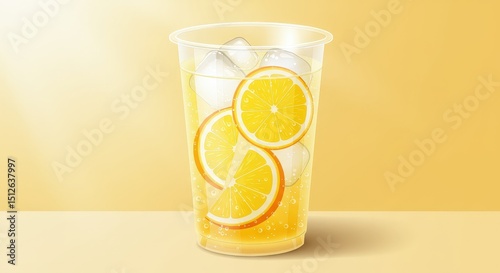 Refreshing orange juice with ice cubes and orange slices is displayed in a plastic cup, resting on a table with a yellow background, creating a vibrant and thirst-quenching image
