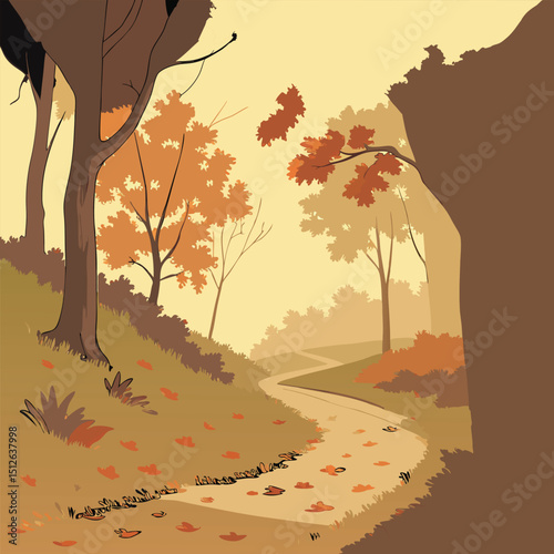 autumn forest path falling leaves orange and