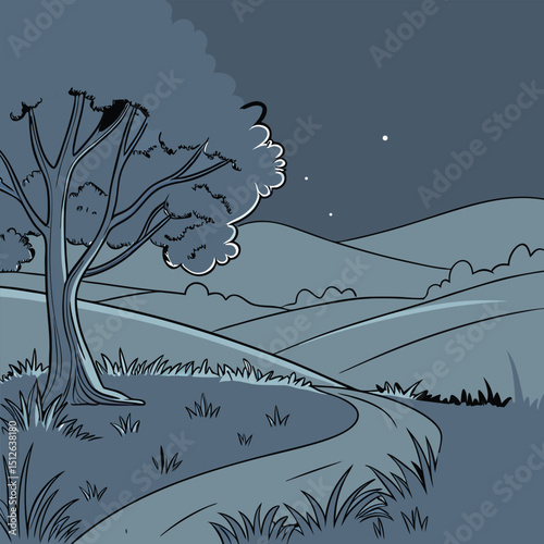 A vector of a cartoon moonlit field stars simple hill outline