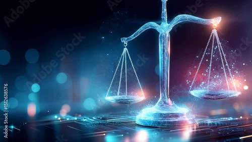 Balancing justice and technology in the digital age with glowing scales of law
