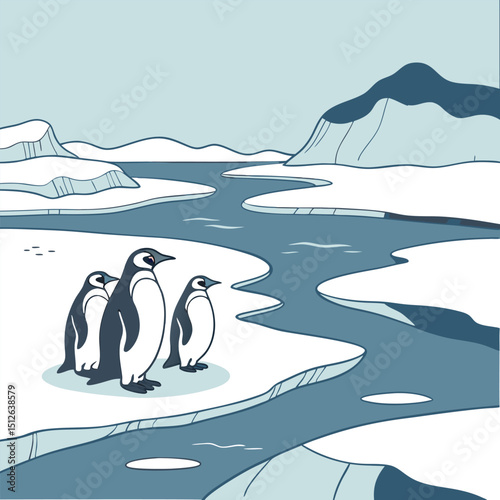 flat arctic penguin colony icebergs and water vector