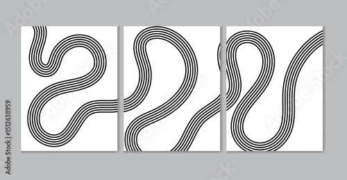  Minimalist black-and-white abstract posters with retro curved line patterns. Perfect for modern decor, design projects, and optical art lovers.