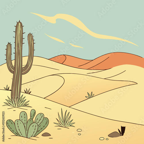 flat cartoon desert background sand dunes cact 