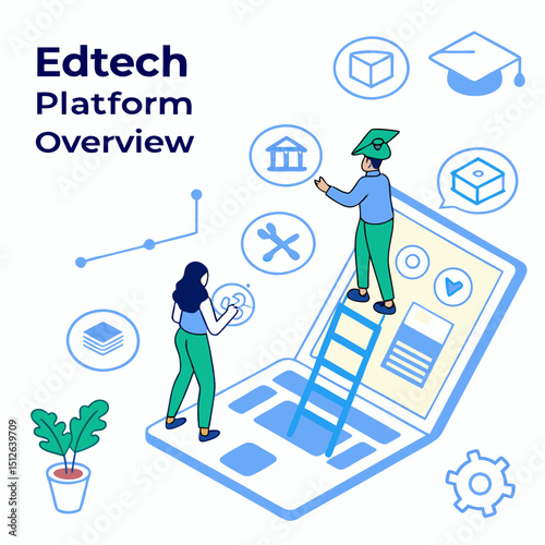Illustration of edtech platform with people and educational icons around