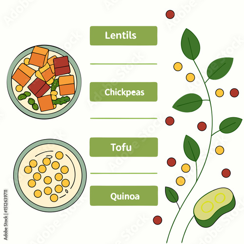 Illustration of lentils chickpeas tofu and quinoa with plant design near