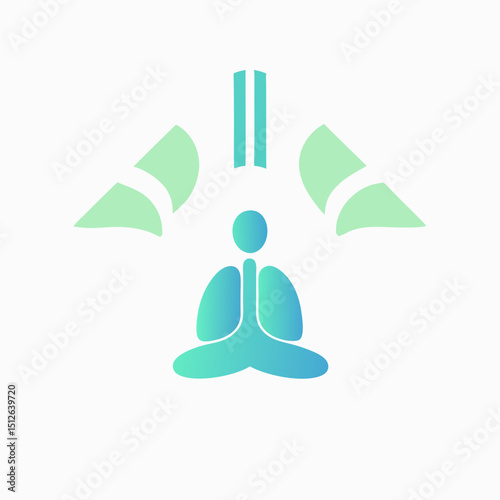 Gradient figure in lotus position with green abstract shapes above it