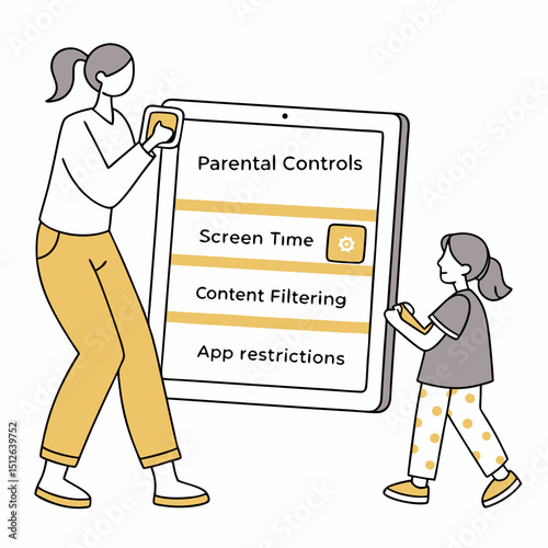 Mother and daughter looking at parental control settings on a tablet app