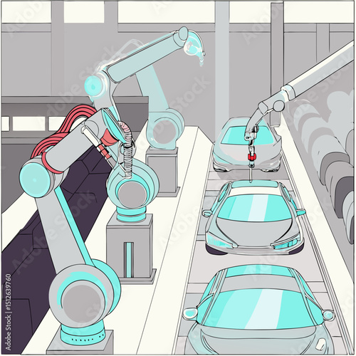 Automated car assembly line featuring robotic arms and vehicles in factory