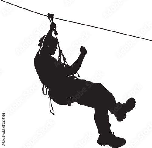 Man Ziplining Silhouette Vector Illustration on Transparent Background