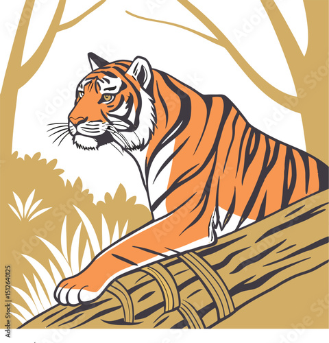 Majestic Bengal Tiger Resting on Log with Striking Blue Eyes

