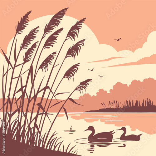 riverbank background reeds ducks soft sunset