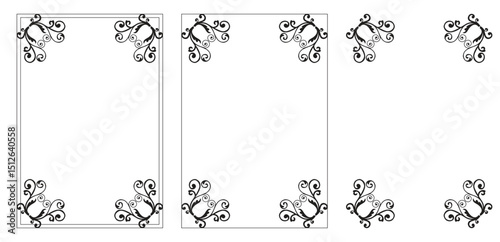 Corner frame, Black art deco frames. Art deco decorative linear frames. Vintage card botanical border. Ornament element