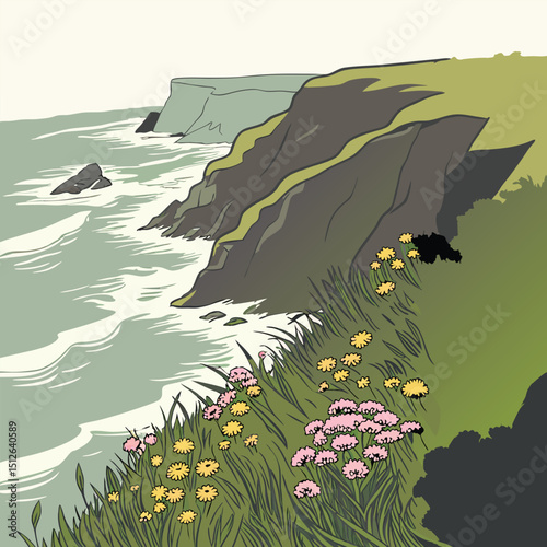 seaside cliff wildflowers and grass over ocean