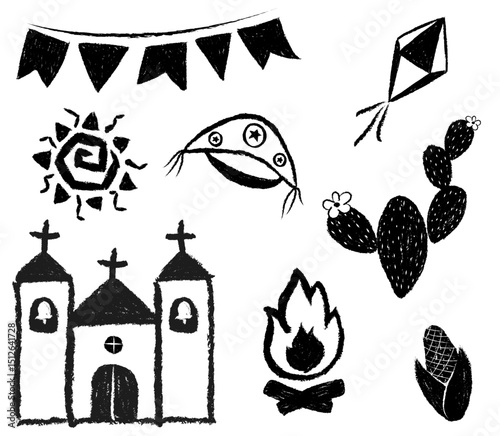 São joão Festa Junina. June celebration. Collection of cordel elements. Chalk drawing elements of Brazilian June festivals. Flags, church, cactus, corn, leather hat, balloon, sun, bonfire
