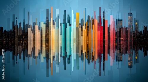 City skyline is reflected in the water, with the buildings appearing in a rainbow of colors. Concept of vibrancy and diversity, as well as the beauty of urban life