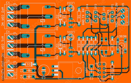 Vector printed circuit board of electronic 
device with components set of radio elements, 
conductors and contact pads placed on pcb. 
Engineering technic drawing. Electric background.
Cad design.