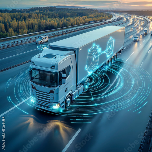 Autonomous Self Driving Truck Navigating Highway with Radar Overlay Technology