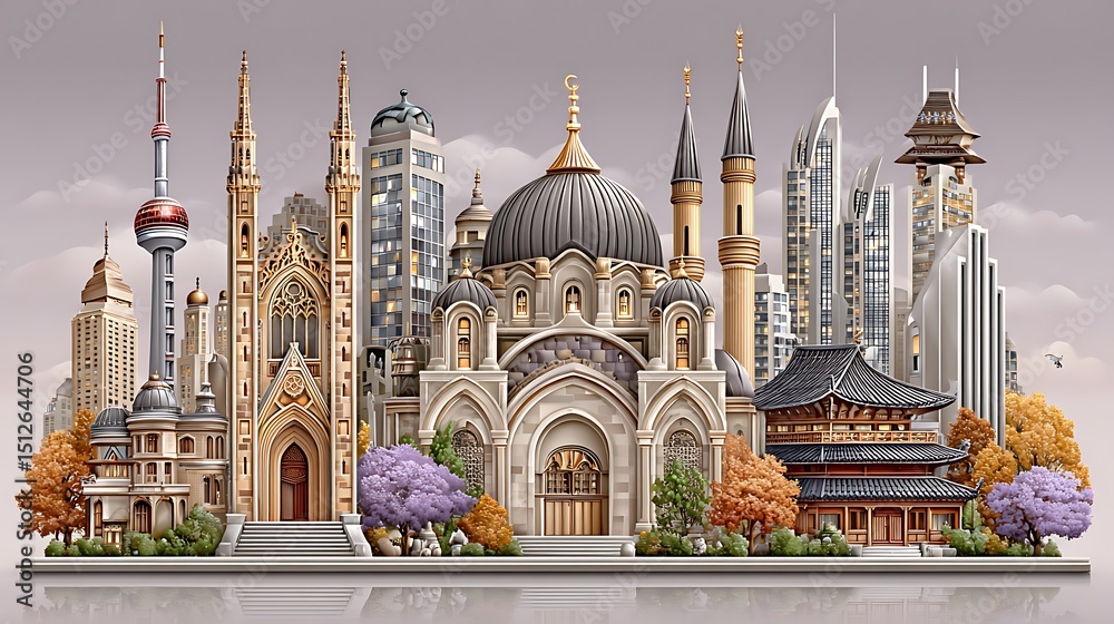Obraz premium Architectural collage representing global unity in skyline high resolution picture