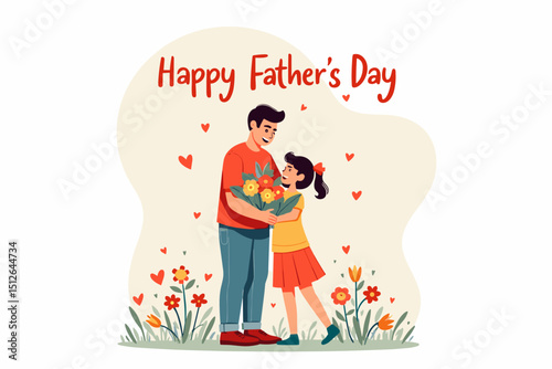 Father and daughter celebrating Happy Father's Day with flowers and hearts on white background