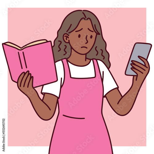 Dark skinned girl holds open book and smartphone at once, switching attention between reading and screen. Concept of distraction, multitasking, and tech-driven youth habits