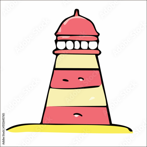 Whimsical Handdrawn Striped Lighthouse Illustration in Pastel Colors Nautical Theme