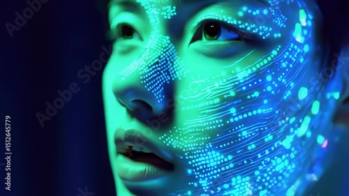 Futuristic portrait of a person with glowing digital interface on face, close-up, neon lights